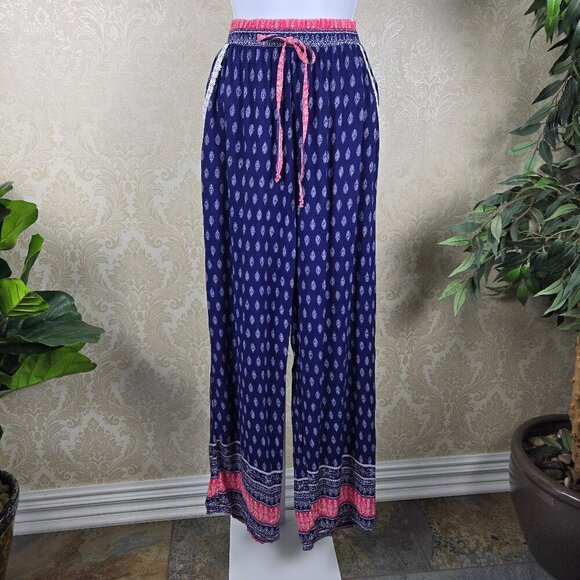 S R Size Small Casual Pull On Pants Blue White Pink Elastic Waist Pockets - Picture 1 of 13